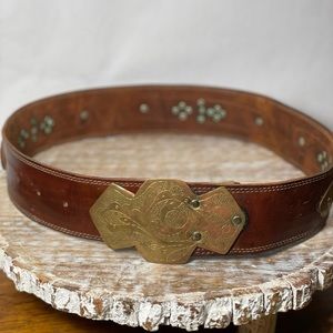 Vintage Hari Casuals brown leather & brass womens wide belt L